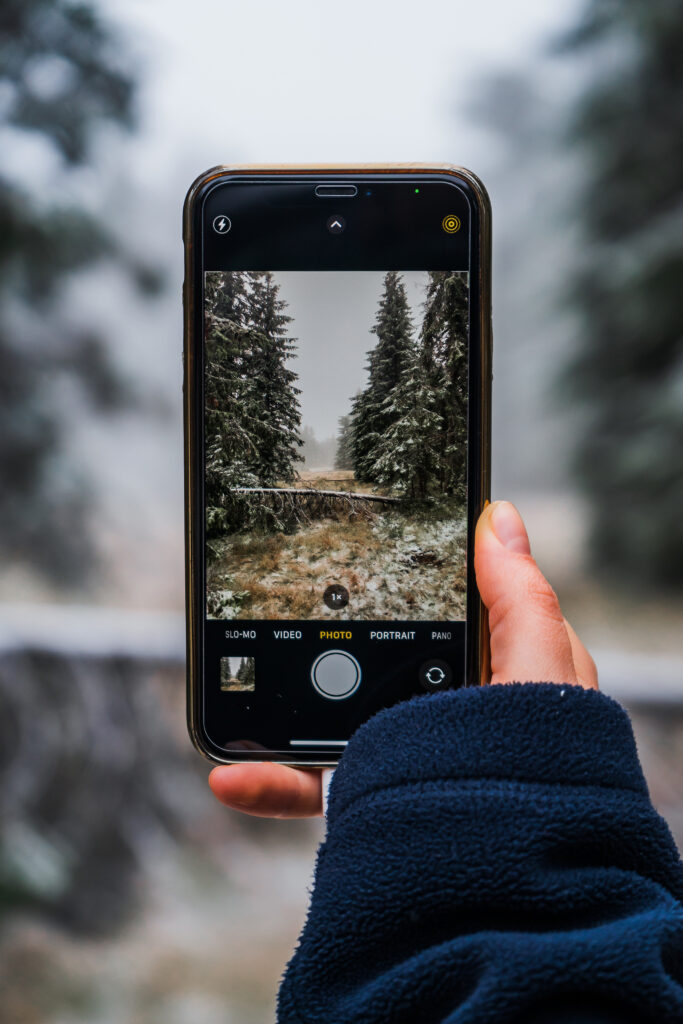 girl hand taking photo foggy winter forest with phone